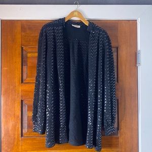Vintage St. John Saks Fifth Ave Black Sequined Open Front Cardigan Sz M